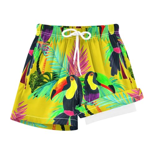 YANENDIE Boy Swim Trunks with Compression Liner Tropical Birds Palms Boys Swim Shorts Quick Dry Beach Shorts