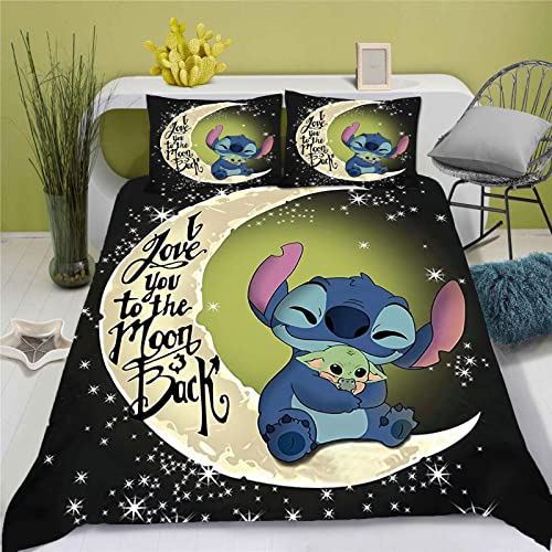 Doiicoon Literie Lilo et Stitch, Parure de lit Lilo & Stitch pour Adolescents Dessin animé Microfibre Impression 3D Housse de Couette et taie d'oreiller (5,140 x 210 cm)