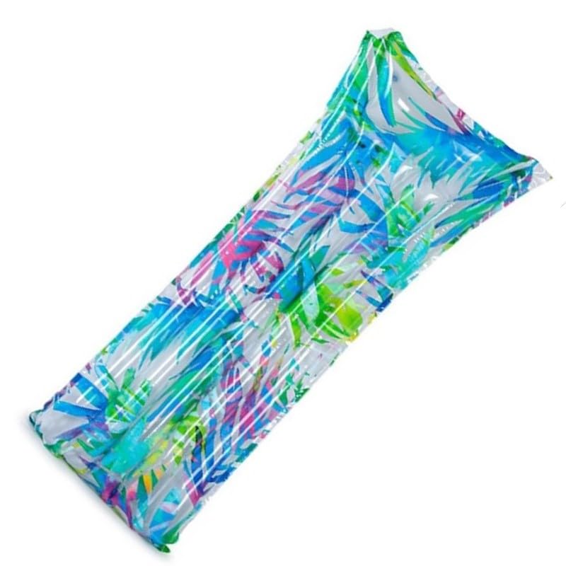 Inflatable Pool Lilo 72 Inch Fashion Lounger Float with Pillow Headrest Extra Long Air Bed Mat for Swimming Sunbathing Garden Pools Holidays Beach Trips Tropical Designs (Palm Leaves)