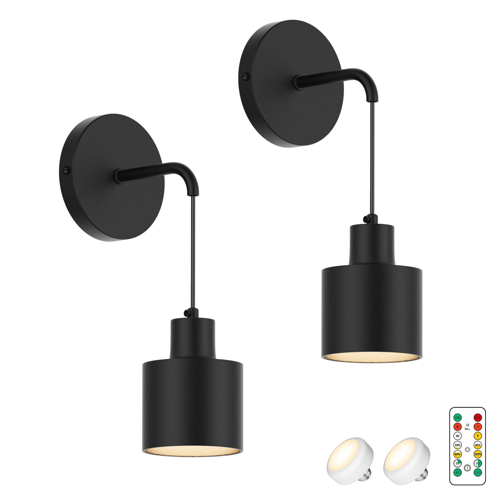 Coinmit Wall Light Battery Operated Wall Sconces Set of 2,Black Indoor Wireless Wall Sconce No Hardwired 3000K-6000K Dimmable Remote Control(Bulbs