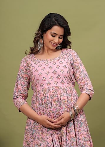 Image of Women's Feeding Kurta Cotton | Floral Anarkali Pregnancy Kurta with Nursing Zipper | Pre & Post Partum | Maternity Dresses | Mom to Be Gift