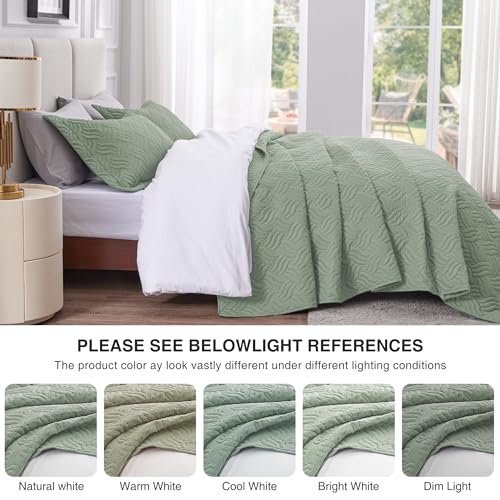 Love's cabin King Size Quilt Bedding Set Sage Bedspreads - Bed Summer Lightweight Bedspread Comforter - Wave Pattern Bedding Coverlet for All Season - 3 Pieces (1 Quilt, 2 Pillow Shams)