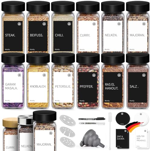 Miorkly Gewürzgläser Eckig Set mit Edelstahl Deckel Schwarz [12x 120ml] Gewürzdosen mit Streueinsatz - Hochwertige Gewürzstreuer, Gewürzbehälter, Gewürze Organizer [10,5cm x 4,3cm]