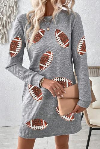 Image of Womens Sweatshirt Dresses Rugby Game Day Long Sleeve Pullover Tops Football Sequin Crewneck Textured Shift Dress