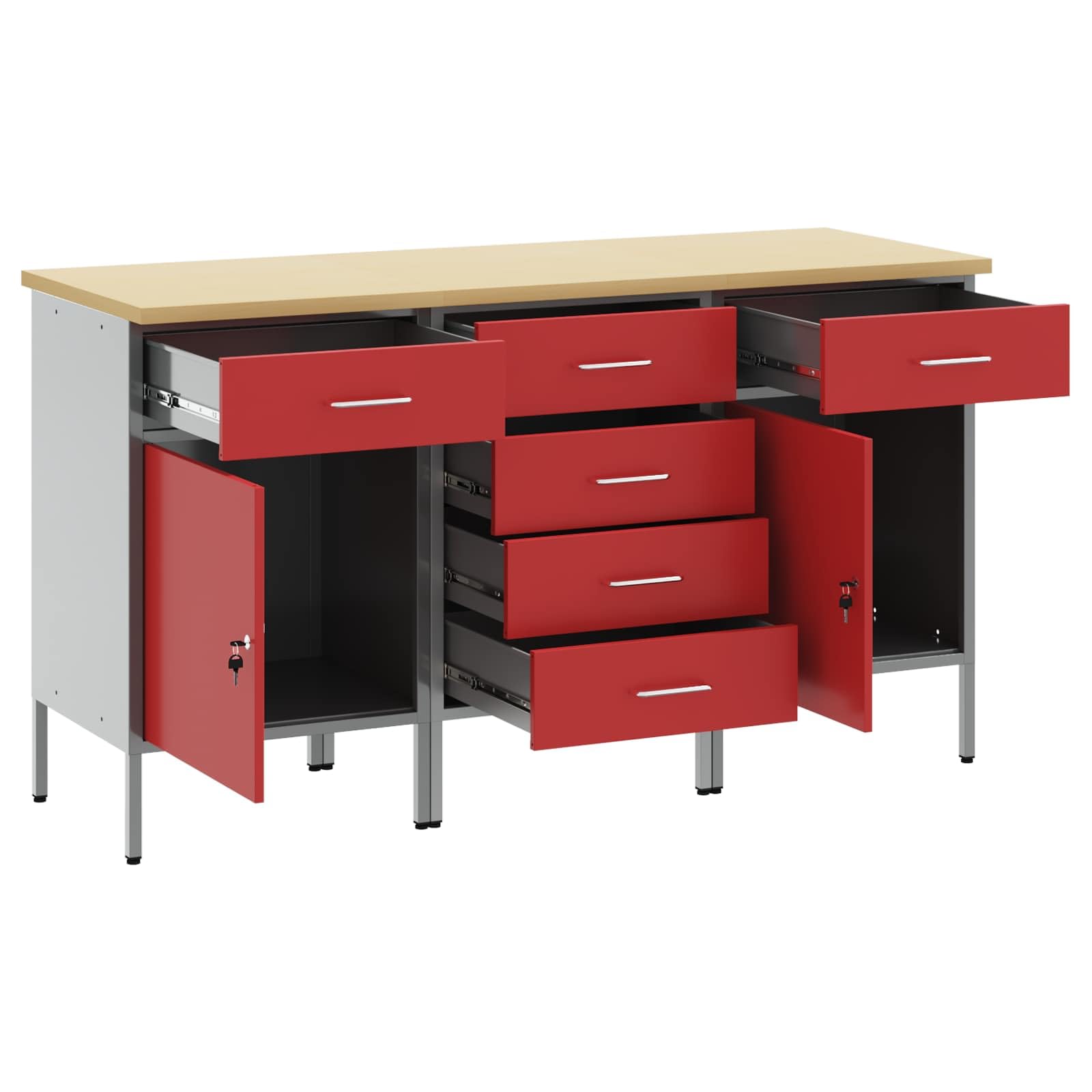 Banco da lavoro moderno con cassetti, 3 pezzi, rosso e grigio, 75 x 45 x 85 cm, in legno e acciaio, robusto banco da lavoro per officina, stile loft industriale, versatile