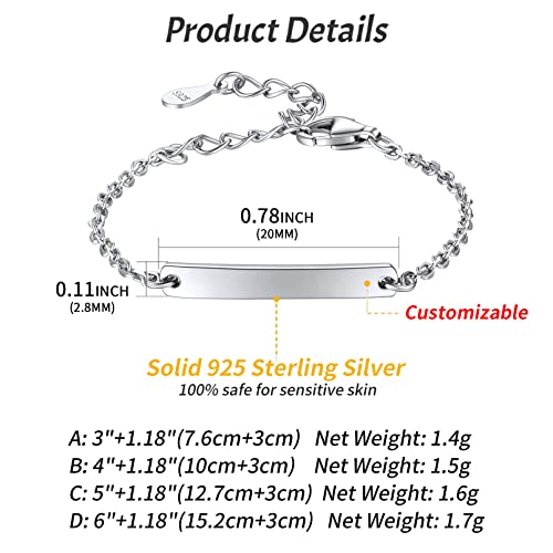 Chicsilver CH13891B-6-CS001-UC Personalized Engravable Bar Bracelet 925 Sterling Silver Custom Name Bar Id Bracelet 6'' Customized Birthday Gift thumb #3