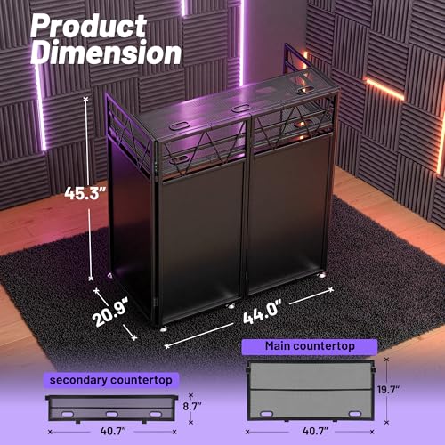 Image of CAHAYA DJ Booth Stand Portable - DJ Table Facade for Laptop Double Top Storage Height Adjustable with Black & White Scrims DJ Stand Foldable with Storage Bag, Cable Holes, 40.7 inch L x 19.7 inch W, Black