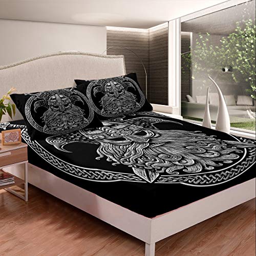 Homemissing Antike Wikinger Spannbettlaken 160x200cm Retro Exotische Spannbetttuch für Kinder Schwarz Weiß Vintage Speer Bettlaken Set Adler Skandinavische Kultur 2St Cover