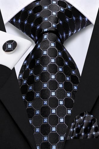 Image of Dubulle Mens Paisley Floral Silk Tie for Men Black Blue Striped Necktie and Pocket Square Cufflinks Set Wedding Business