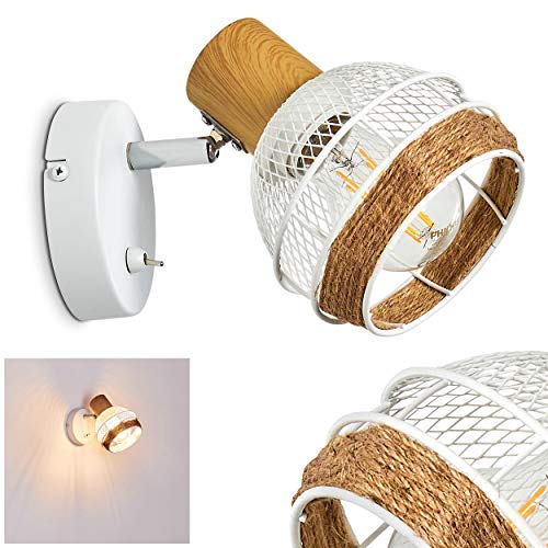 Applique murale Bariloche en bois, raffia & métal blanc, spot mural pivotant avec interrupteur intégré et effet lumineux au mur par l'abat-jour grillagé,...