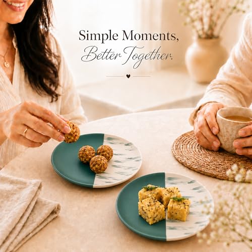 Image of The Earth Store Dual Tone Teal Italian 7 Inch Ceramic Quarter Plates Set of 6 | Microwave & Dishwasher Safe Plate | Half Plate for Dessert, Snacks, Dinner | Snack Plates for Gifting, Daily Use