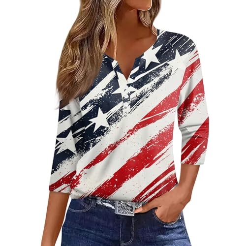Image of 4th of July Shirts Women 3 /4 Length Sleeve Womens Tops Henley Neck Casual Patriotic T Shirts