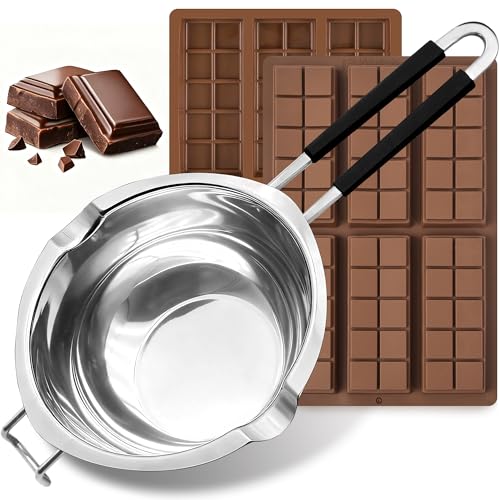 1200ML/1.1QT Double Boiler Pot With 2 Pack of Silicone Chocolate Bar Molds, Stainless Steel Chocolate Melting Pot with Non-Stick Chocolate Molds for Dubai Pistachio, Candy, Snacks
