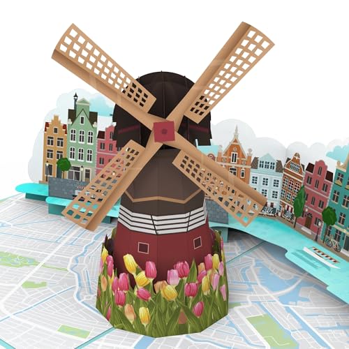 MOKIO® Pop-Up Karte – Windmühle, Tulpen und Grachten in Amsterdam – 3D Geburtstagskarte für einen Holland Urlaub, Amsterdam Grußkarte zum Geburtstag