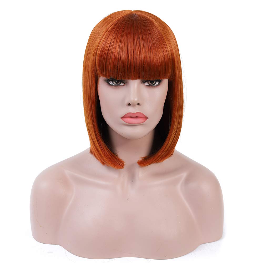 Rosa Star Short Bob Brown Orange Wig with Bangs Women's Glueless Straight Synthetic Hair Wigs for Halloween Costume Cosplay Party Comic-con