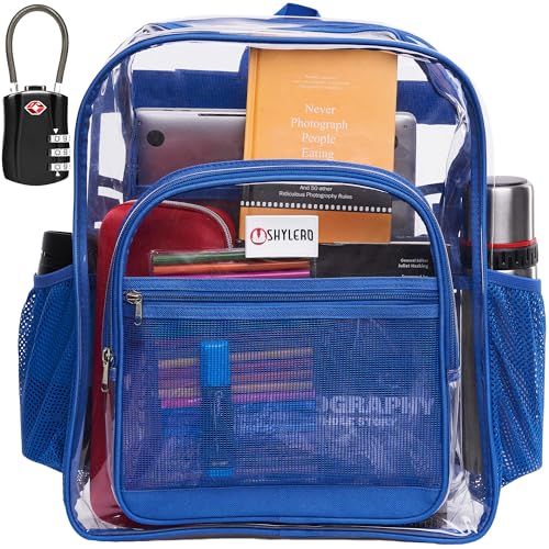 Image of SHYLERO Clear Backpack Heavy Duty XL - H18''xW14''xD8. Has TSA Lock - Blue | PVC Transparent Backpack Has 2-WAY Premium Zipper and Key Holder. Extra Large