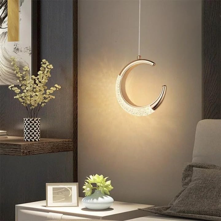 Image of Moon Shape Crystal Hanging Lamp | 12W 3-Color LED Pendant Light | Height Adjustable Metal Body | Ceiling Lights for Hall, Bedroom, Living Room, Dining, Balcony, Office