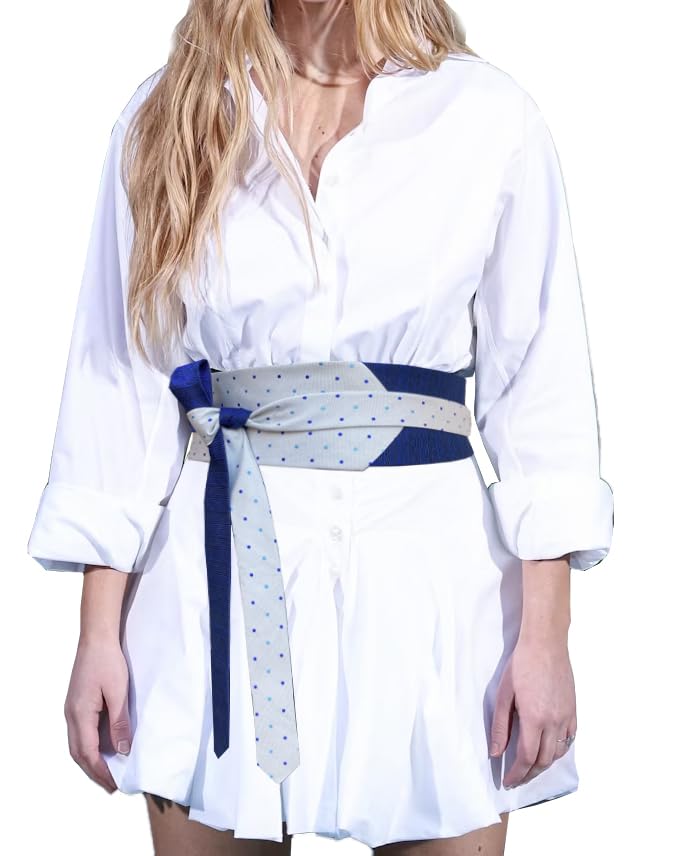 Remo Sartori - Made in Italy Women Silk Obi Wrap Neckties Belt, Blue Polka Dots, Free Size