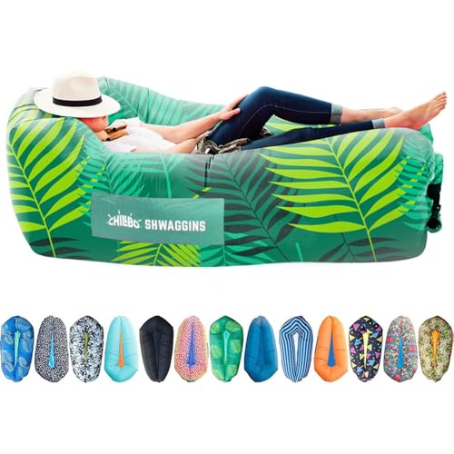Chillbo Shwaggins Inflatable Couch – No-Pump Setup, Ripstop Polyester, Stability Pegs, Fun Prints, Portable Air Lounger for Beach, Camping, Festivals, and Tailgating - Green Leaf