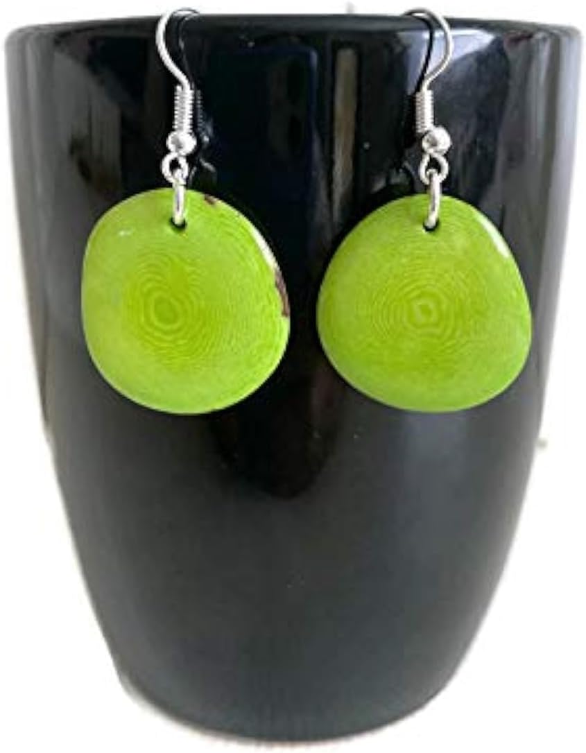 Tagua earrings in lime green, light weight tagua nut dangle earrings TAG272, organic fashion jewelry