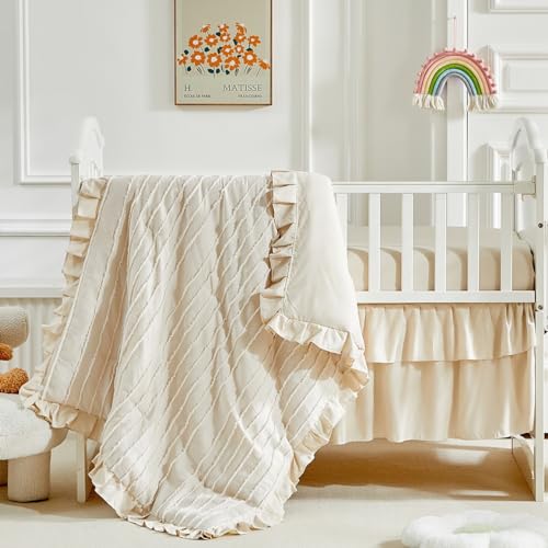 Image of 3 Pieces Tufted Stripes Crib Bedding Set with Ruffle Fringe, Beige Ruffled Comforter with Fitted Sheet and Bed Skirt , Soft and Embroidery Shabby Chic Boho Bohemian Jacquard Design for Baby Girls Boys