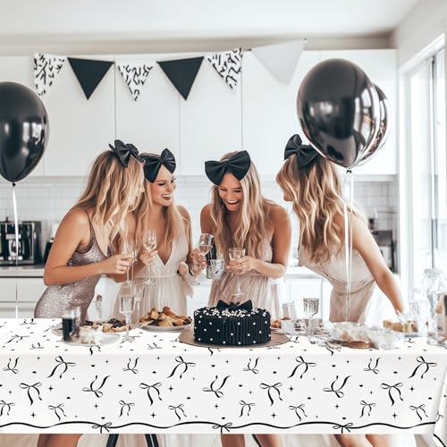 Image of Avezano 6 pcs Black Bow Tablecloths 108x54 inch Bow Birthday Decorations Black and White Bow Plastic Table Cover Disposable Bachelorette Party Supplies