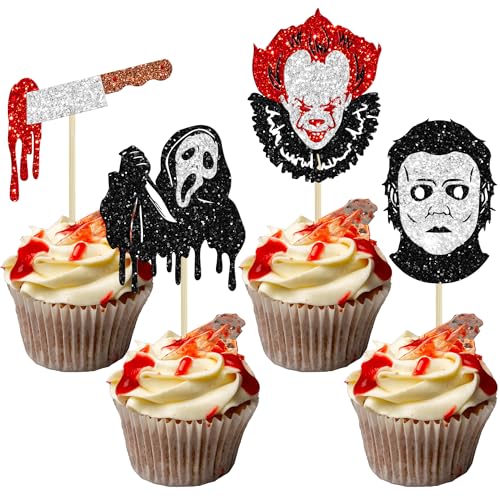 Ephlyn 24Pcs Halloween Cupcake Toppers - Bloody Knife Picks, Killer Decorations for Classic Movie Theme, Birthday & Halloween Party Cake Decor