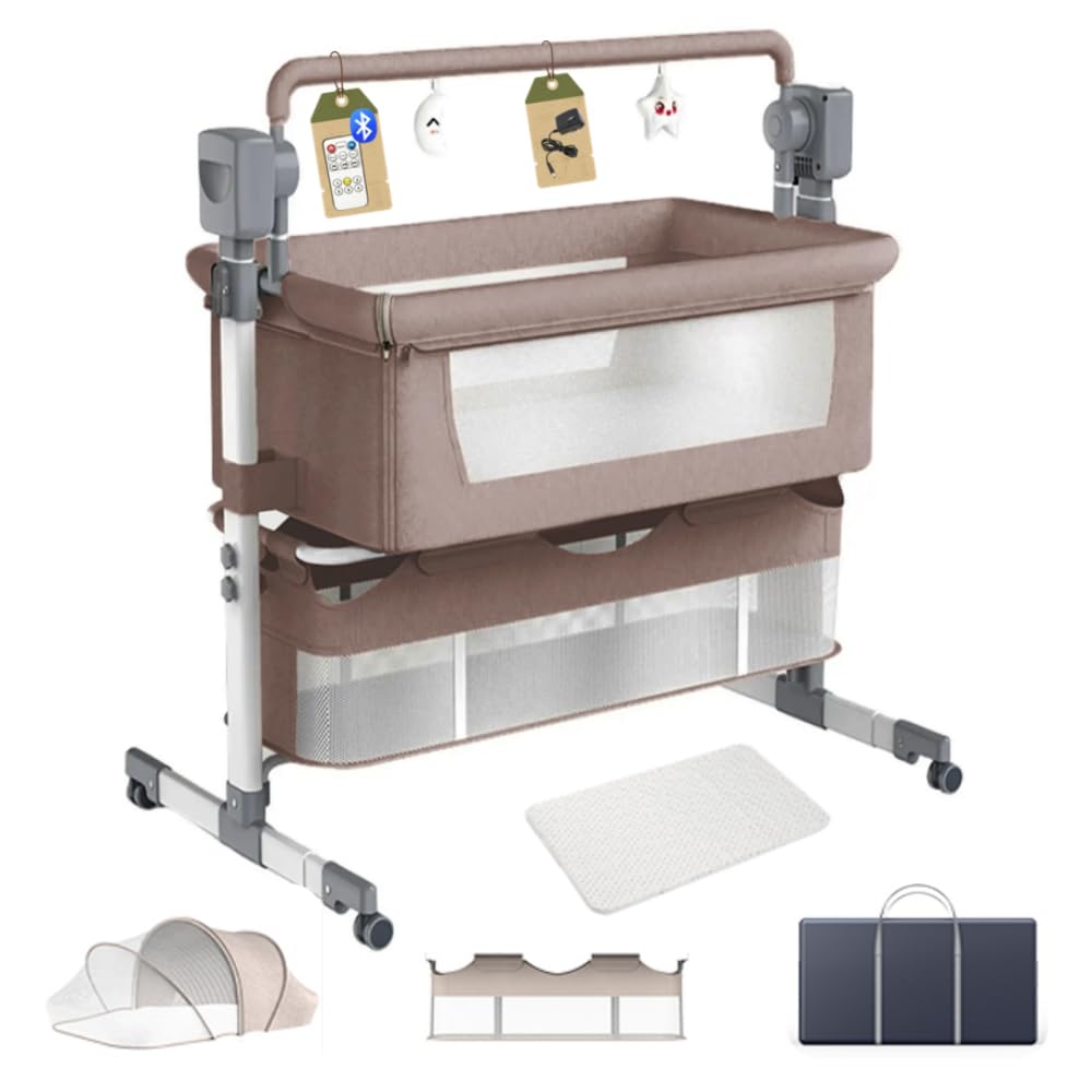 Dziranam Beistellbett Baby, Stubenwagen Baby mit Rollen, Atmungsaktives Netzgewebe, Sicheres und Stabiles Design, Babybett mit 5 Schaukelmodi(Khaki)