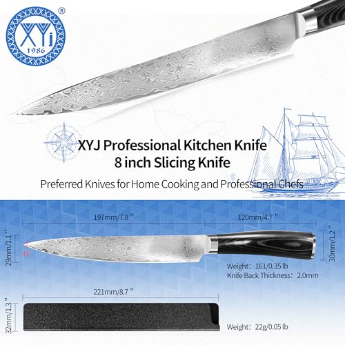 Image of XYJ 8 Inch Japanese Damascus Steel Chef Knife, Razor Sharp VG10 Core Damascus Knife Original, Full Tang Slicing Knife with Sheath, Durable Meat Cutting Knife for Kitchen Use
