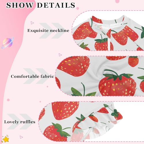 Red Strawberry Cartoon Print Girls One Piece Rash Guard Swimsuit, Girls Long Sleeve Swimwear for 3-12Y4
