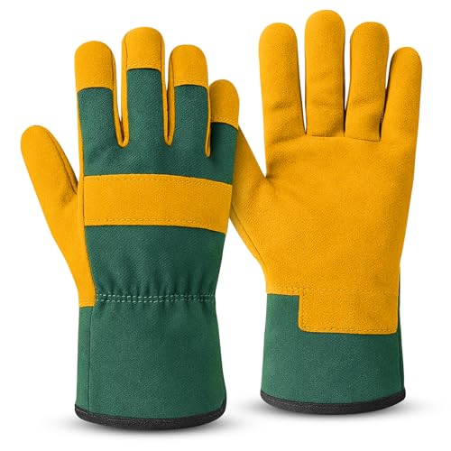 KEPLIN Gardening Gloves Pair for Men & Women Premium Cowhide Leather and Fabric Thorn & Puncture Resistant Breathable & Durable Work Gloves for Gardening Farming & DIY Medium 25cm Yellow&Green