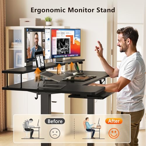 Image of OffiGo U Shaped Electric Standing Desk with Keyboard Tray, 55 Inch Height Adjustable Desk with Power Outlets & LED Lights, Sit Stand Table with Monitor Stand for Home, Office, Black