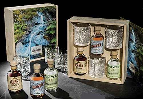 LA VALDOTAINE SET NEGRONI ALPINO 3 BOTTIGLIE DA 20 CL CON 3 BICCHIERI IN CONFEZIONE REGALO LEGNO