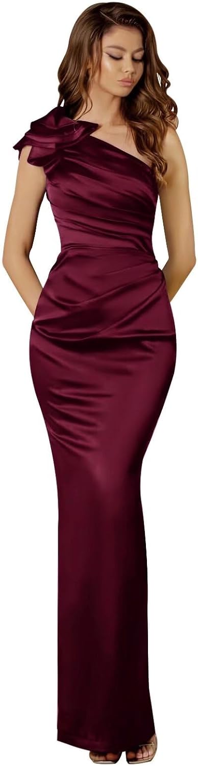 SoDigne One Shoulder Satin 2025 Mermaid Bridesmaid Dresses for Women Long Ruffles Prom Dress with Slit