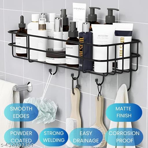(Pack of 2) Steel Self-Adhesive Multipurpose Bathroom Shelf with Hooks/Towel Holder/Rack/Bathroom Accessories-Wall Mount - Pack of 2 (Black,Powder Coated)|BHR-P1001 4