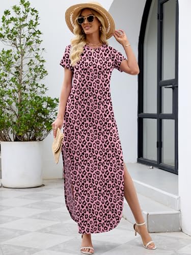 Image of Heymoments Womens Summer Maxi Dress Short Sleeve Casual Loose Long T Shirt Split Vacation Beach Sundress with Pockets