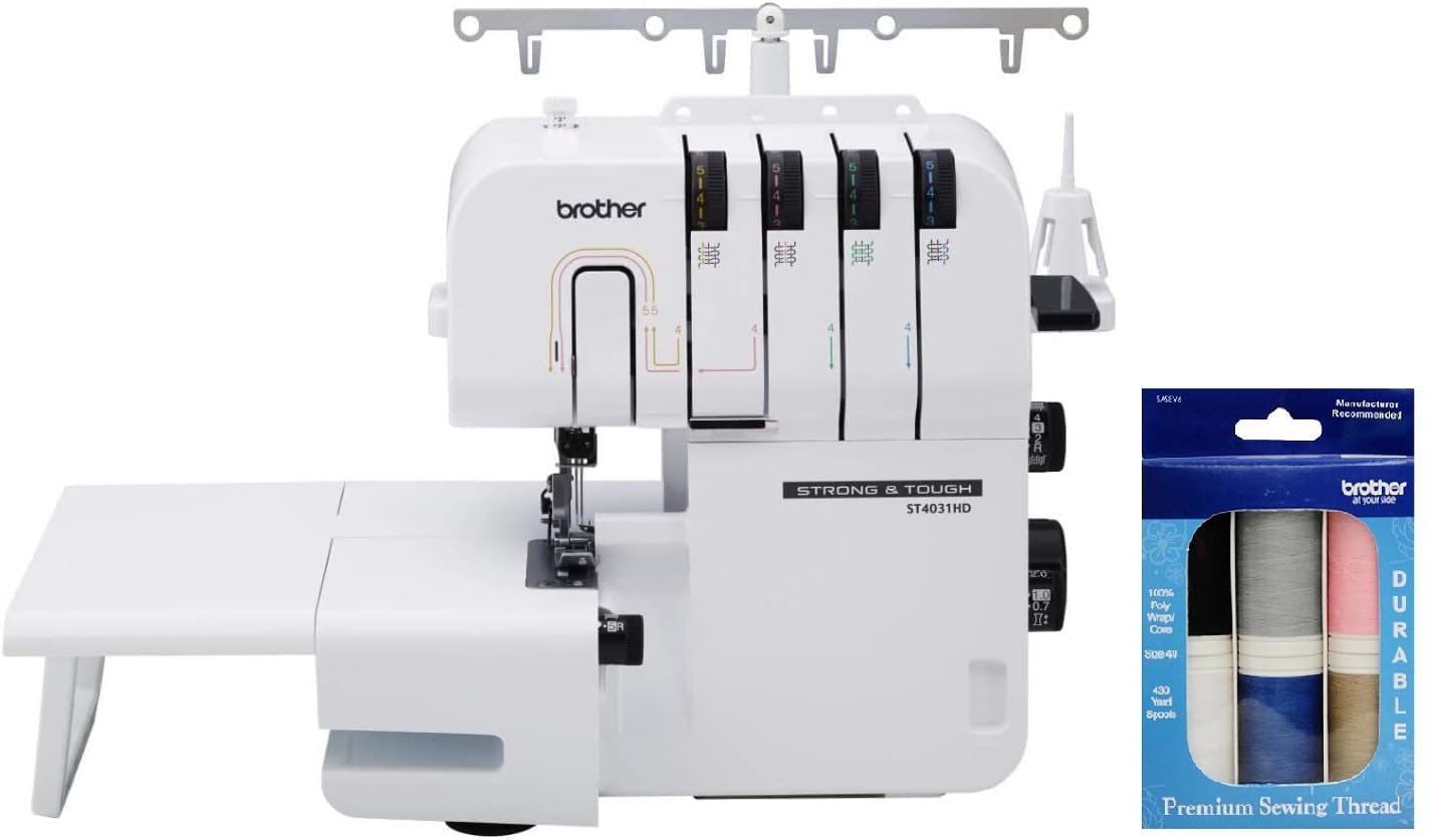 Brother ST4031HD Strong &amp; Tough Serger Machine, 1,300 Stitches Per Minute, Premium Sewing Thread 6-Pack Included