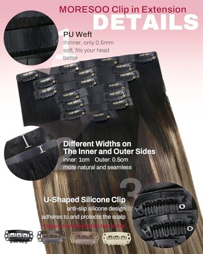 Image of Moresoo Clip in Hair Extensions Human Hair, 16inch 120g 7pcs, PU Skin Weft | Clip in human hair extensions, natural black to mocha brown and warm caramel, for fashion users styling, salon effect