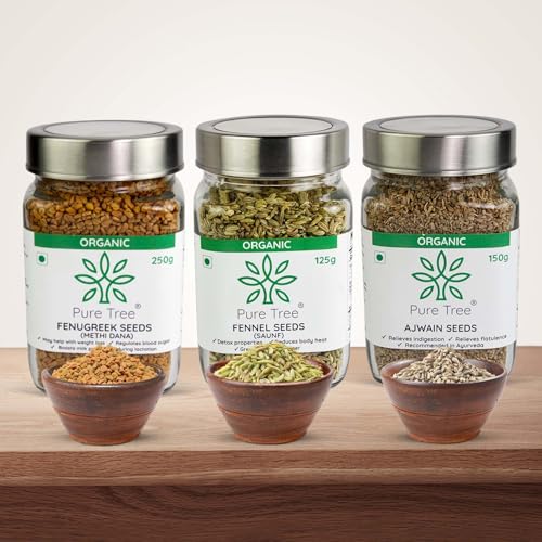 Image of Pure Tree Certified Organic Ajwain 150g, Methi Seeds 250g, Saunf 125g | Glass Jar | Carom, Fenugreek & Fennel | Whole Seeds Vaamu, Methi dana, Variyali Spice Combo Pack