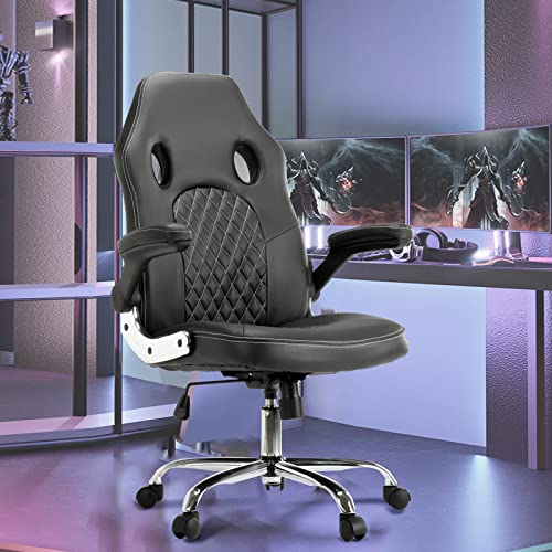 Image of Gaming Office Chair - PU Leather Executive Swivel Computer Desk Chair with Flip-up Armrests and Lumbar Support for Working, Studying, Gaming