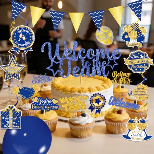 Image of Welcome to The Team Decorations - Welcome to The Team Banner Garland Hanging Swirls Balloons Cake Topper Cupcake Toppers Welcome Decorations for Office Sign New Employees Coworker Staff Gift (Blue)