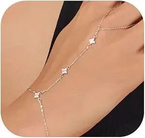 Gold Bracelets for Women 14K Gold Plated Hand Chain Bracelet Dainty Trendy Ring Chain Bracelet Charm Link Adjustable Cubic Zirconia Hand Bracelets Jewelry Gifts for Women