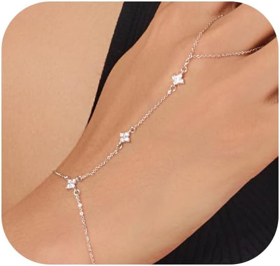 Gold Bracelets for Women 14K Gold Plated Hand Chain Bracelet Dainty Trendy Ring Chain Bracelet Charm Link Adjustable Cubic Zirconia Hand Bracelets Jewelry Gifts for Women