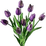 FiveSeasonStuff 10 Stems of Real Touch Tulip Artificial Flowers Bouquet, Perfect for Wedding, Bridal, Party, Home, Holidays, Garden, Birthday, Office Décor DIY (Purple)