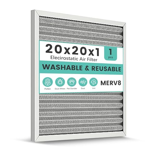 20x20x1 HVAC Furnace Air Filter, Washable Electrostatic Furnace Filter, MERV 8, Lasts a Lifetime, Breathe Fresher, Home And Office (Actual Size:19.75x19.75x0.82)