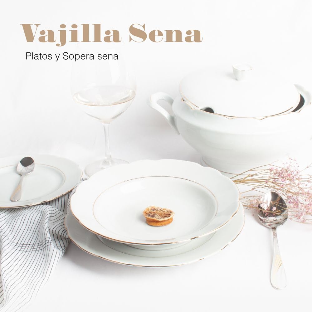 Soupière en porcelaine blanche (3 l) Sena, 1 couvercle en porcelaine, tranchant doré