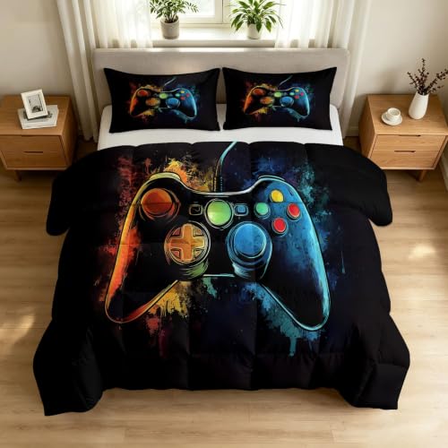 Edredón de arte de graffiti en negro, 200 x 200 cm, 4 estaciones, controlador de juegos, reversible, lavable, sin funda, edredón ligero y suave, para todo el año con 4 fundas de almohada