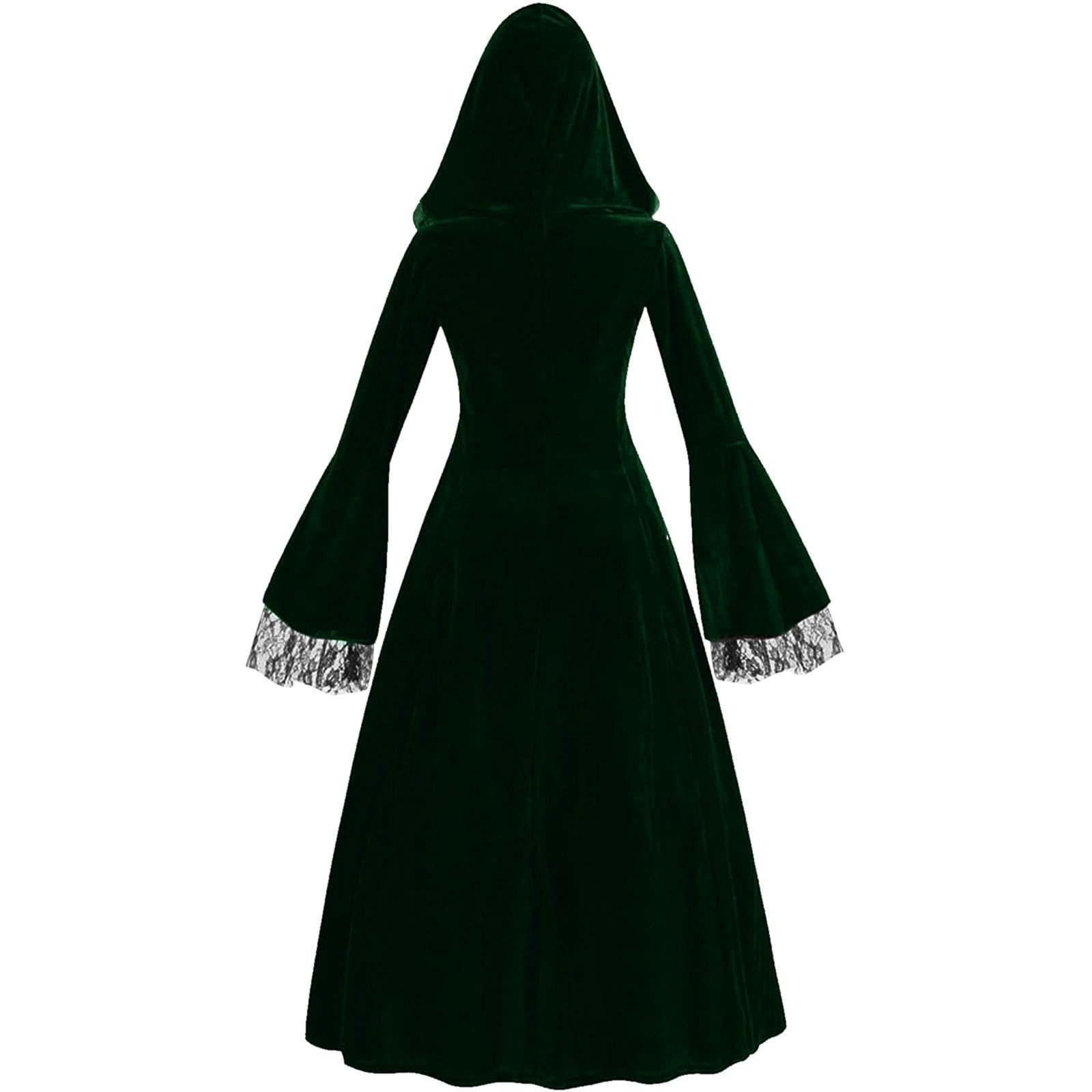 Damen Mittelalter Kleid Retro Renaissance Kleid Partykleid Gothic Kostüm | Viktorianisches Kleider, Stehkragen Abendkleid, Trompetenärmel Outfit,Hexenkleid, Karneval Halloween Maxikleid,Mit Kapuze