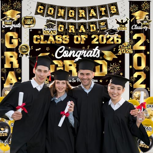 Graduation Decorations 2026 Black & Gold Party Set with Coupon