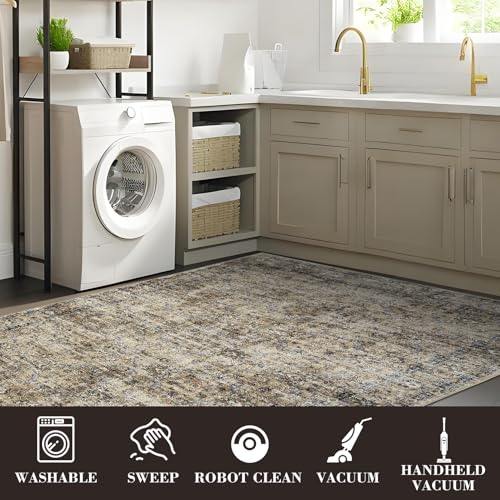 GarveeHome Washable Runner Rug 2x6 Vintage Carpet Runner with Non Slip Backing Foldable Non Shedding Retro Accent Rug Low Pile Distressed Throw Rug for Hallway Office Bedroom, Brown